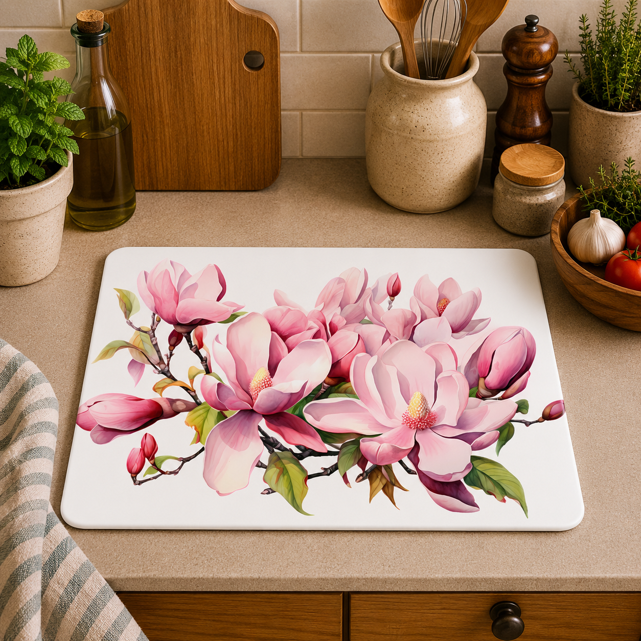 A rectangular white cutting board with rounded corners sits on a beige kitchen countertop. The board is printed with a large floral design of pink magnolia blossoms and green leaves.