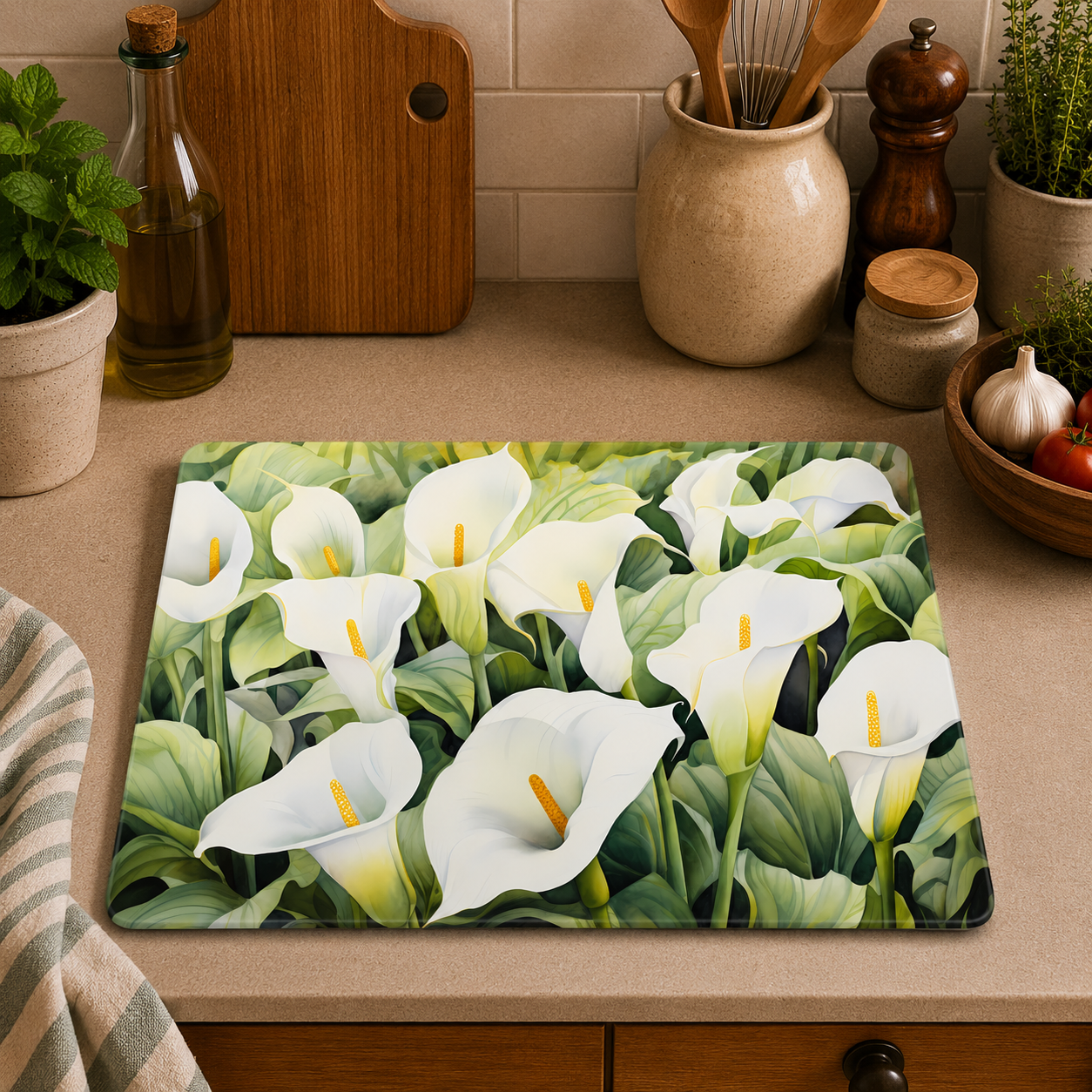 Calla Lily toughened glass chopping board featuring elegant white floral artwork on a durable tempered glass surface, displayed in a modern kitchen.