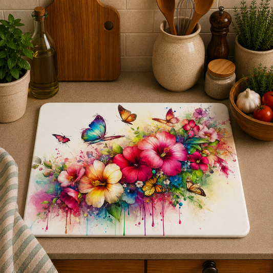 Colourful toughened glass chopping board featuring vibrant hibiscus flowers, butterflies, and botanical watercolour artwork on a durable tempered glass surface.