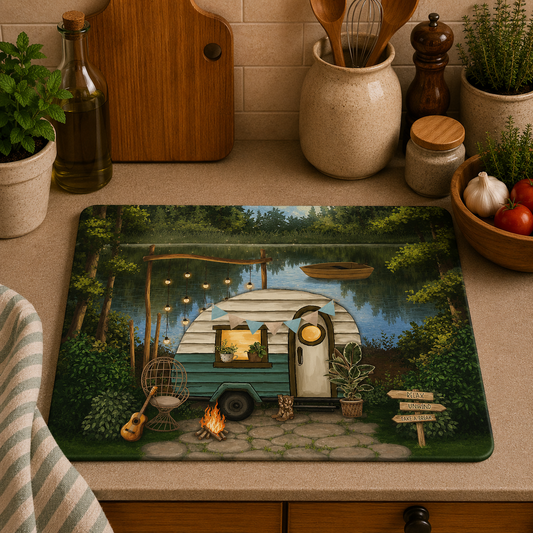 Toughened glass chopping board featuring a vintage camper caravan beside a peaceful lakeside with a campfire, woodland scenery, and cosy outdoor camping artwork.