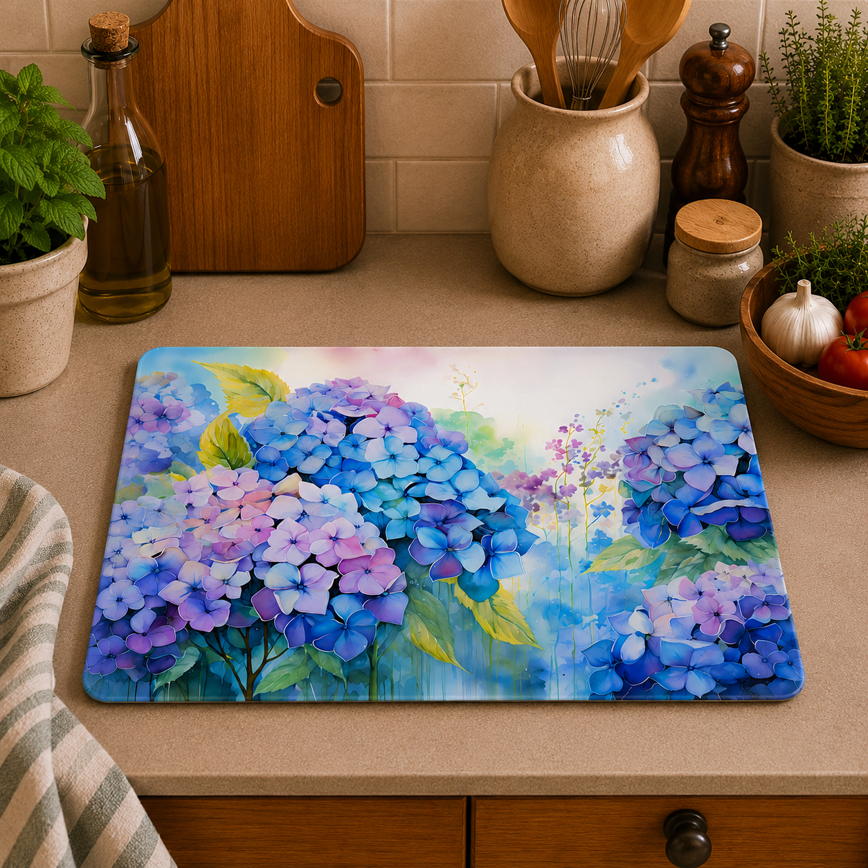 Blue Hydrangea toughened glass chopping board measuring 28.5 x 20cm featuring vibrant blue and purple floral watercolour artwork on a durable tempered glass surface.