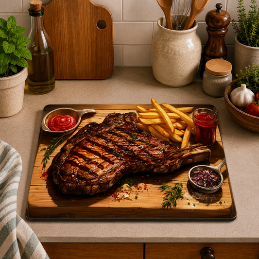 Tomahawk Steak toughened glass chopping board measuring 28.5 x 20cm featuring a grilled steak with fries, sauces, herbs, and rustic BBQ-inspired artwork on tempered glass.