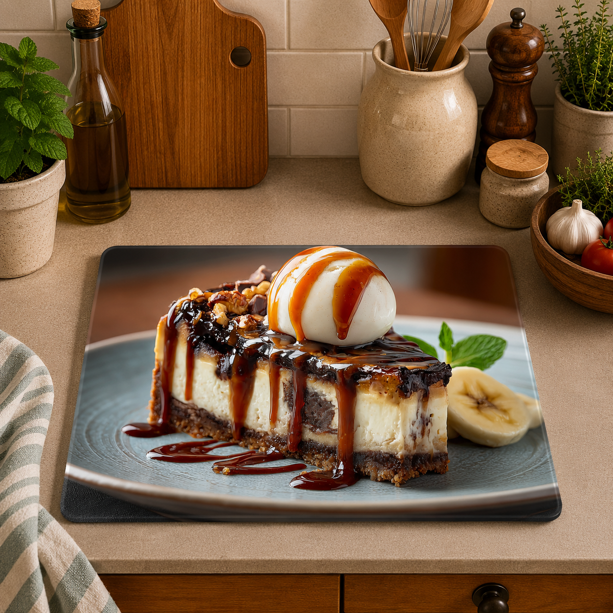Chocolate Cheesecake toughened glass chopping board measuring 28.5 x 20cm featuring a rich cheesecake topped with vanilla ice cream, caramel sauce, and chocolate drizzle on a tempered glass surface.
