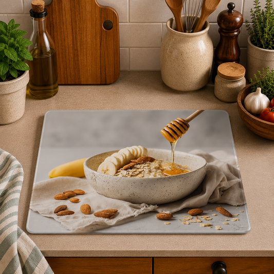 Healthy Breakfast toughened glass chopping board measuring 28.5 x 20cm featuring a bowl of creamy oats topped with banana slices, almonds, and honey drizzled from a honey dipper.