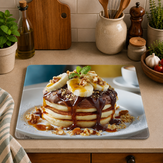 Chocolate Banana Pancakes toughened glass chopping board measuring 28.5 x 20cm featuring fluffy pancakes topped with banana slices, chocolate sauce, caramel drizzle, walnuts, and mint.