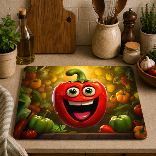 Cute Cartoon Pepper toughened glass chopping board measuring 28.5 x 20cm featuring a smiling red bell pepper surrounded by colourful vegetables on a durable tempered glass surface.
