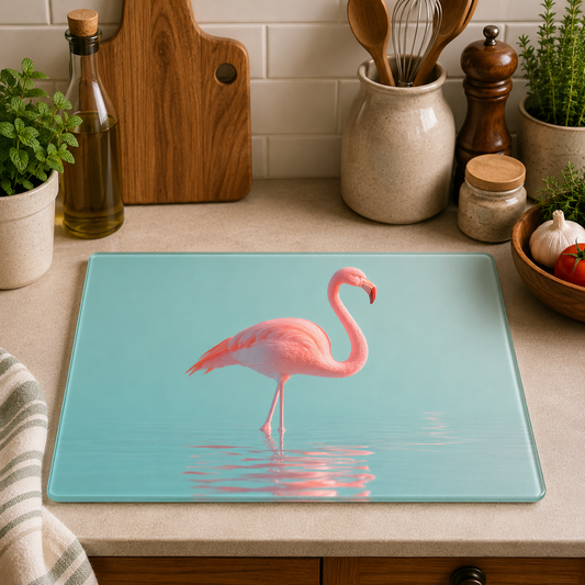 Pink Flamingo toughened glass chopping board measuring 28.5 x 20cm featuring an elegant flamingo standing in calm blue water with a soft pastel background.