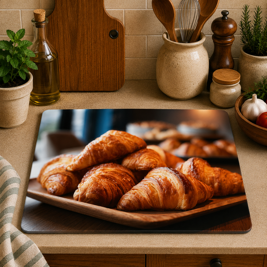Fresh Croissants toughened glass chopping board measuring 28.5 x 20cm featuring golden flaky croissants on a rustic wooden serving tray.