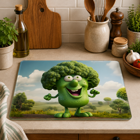Cute Cartoon Broccoli toughened glass chopping board measuring 28.5 x 20cm featuring a smiling broccoli character in a sunny countryside landscape on a durable tempered glass surface.