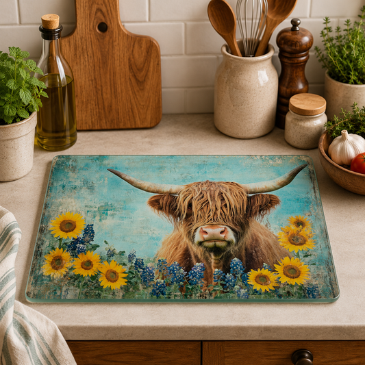 Highland Cow toughened glass chopping board measuring 28.5 x 20cm featuring a shaggy Highland cow surrounded by bright sunflowers and wildflowers on a rustic vintage blue background.