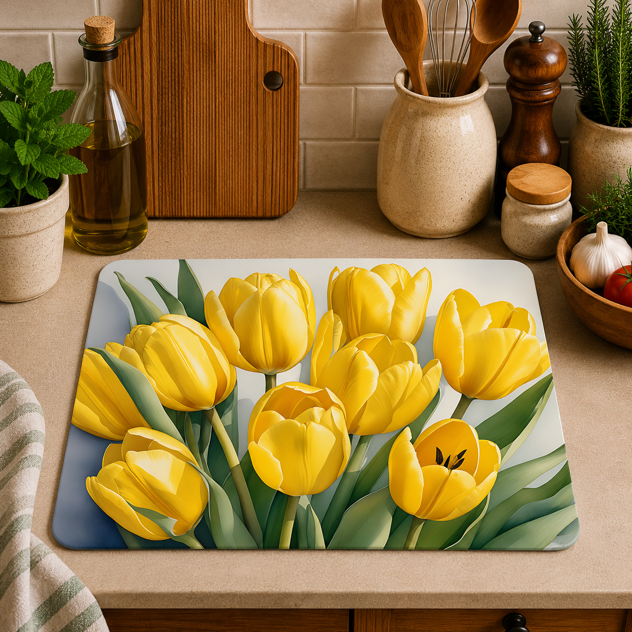 Yellow Tulips toughened glass chopping board measuring 28.5 x 20cm featuring vibrant yellow tulip flowers with lush green leaves on a durable tempered glass surface.
