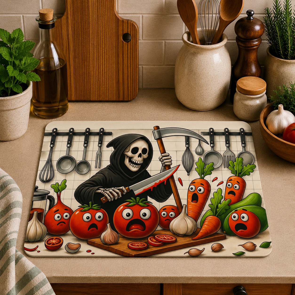Funny Grim Reaper toughened glass chopping board measuring 28.5 x 20cm featuring a cartoon skeleton with frightened tomatoes, carrots, onions, garlic, and vegetables in a humorous kitchen scene.