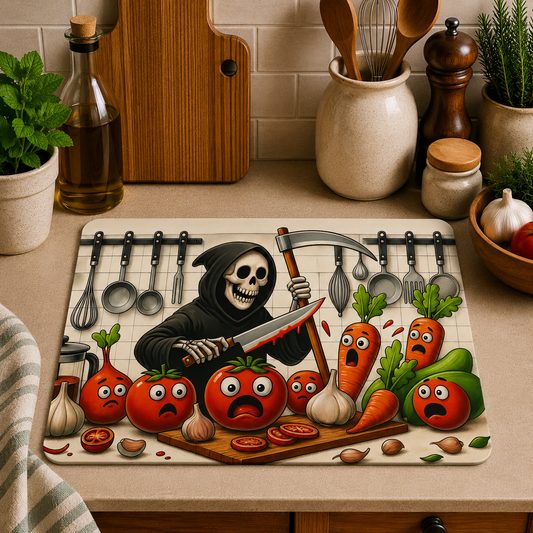 Funny Grim Reaper toughened glass chopping board measuring 28.5 x 20cm featuring a cartoon skeleton with frightened tomatoes, carrots, onions, garlic, and vegetables in a humorous kitchen scene.