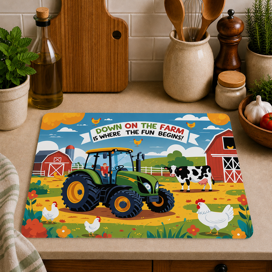 Farm Tractor toughened glass chopping board measuring 28.5 x 20cm featuring a colourful farm scene with a green tractor, cow, chickens, red barns, and the slogan "Down on the Farm is Where the Fun Begins!".