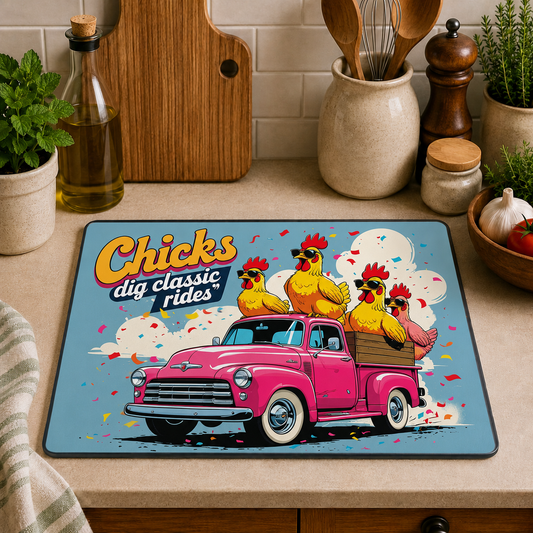 Funny Chickens toughened glass chopping board measuring 28.5 x 20cm featuring four chickens riding in a retro pink pickup truck with the slogan "Chicks Dig Classic Rides".