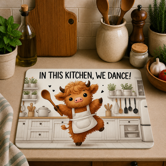 Dancing Highland Cow toughened glass chopping board measuring 28.5 x 20cm featuring a cute Highland cow wearing a chef's apron, holding a wooden spoon beneath the quote "In This Kitchen, We Dance!".
