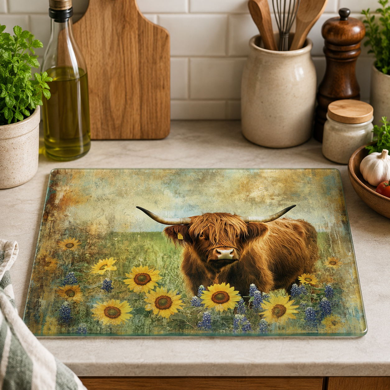 Highland Cow & Sunflowers toughened glass chopping board measuring 28.5 x 20cm featuring a majestic Highland cow standing among bright sunflowers and wildflowers against a rustic vintage-style countryside background.