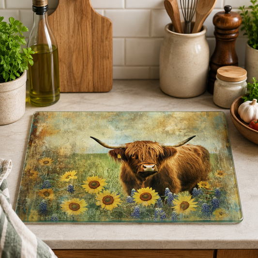 Highland Cow & Sunflowers toughened glass chopping board measuring 28.5 x 20cm featuring a majestic Highland cow standing among bright sunflowers and wildflowers against a rustic vintage-style countryside background.