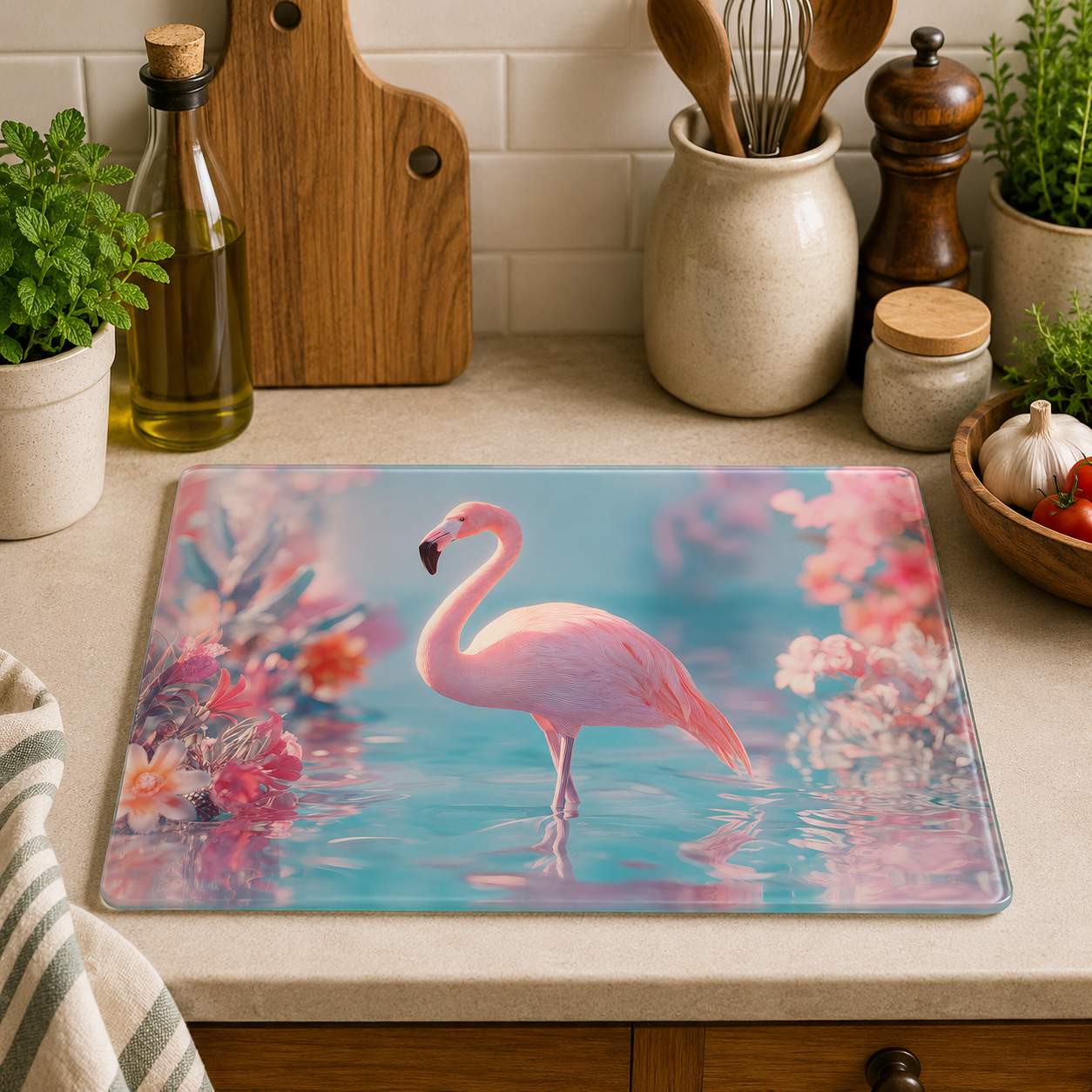 Pink Flamingo toughened glass chopping board measuring 28.5 x 20cm featuring an elegant flamingo standing in tranquil blue water surrounded by soft pink flowers and pastel reflections.