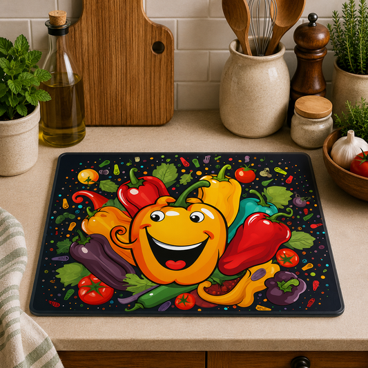 Happy Cartoon Peppers toughened glass chopping board measuring 28.5 x 20cm featuring a smiling yellow pepper surrounded by colourful peppers, tomatoes and vegetables on a black background.