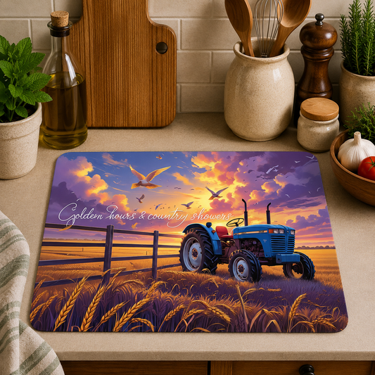 Golden Hours & Country Showers toughened glass chopping board measuring 28.5 x 20cm featuring a blue tractor in a golden wheat field at sunset with birds flying overhead and a rustic countryside design.