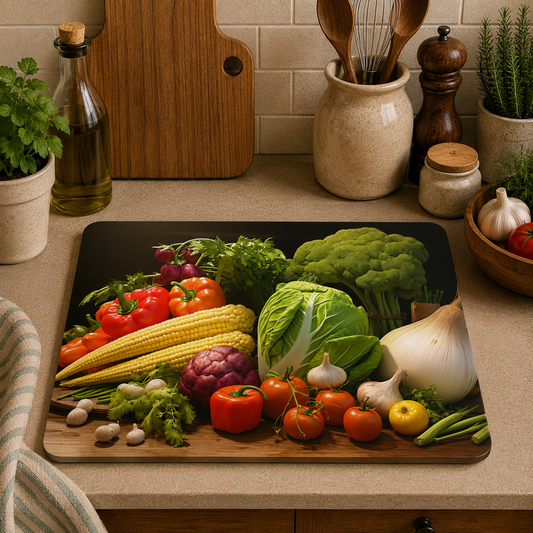 Fresh Vegetable toughened glass chopping board measuring 28.5 x 20cm featuring colourful peppers, cabbage, broccoli, sweetcorn, tomatoes, garlic, onions and fresh herbs on a rustic wooden surface.