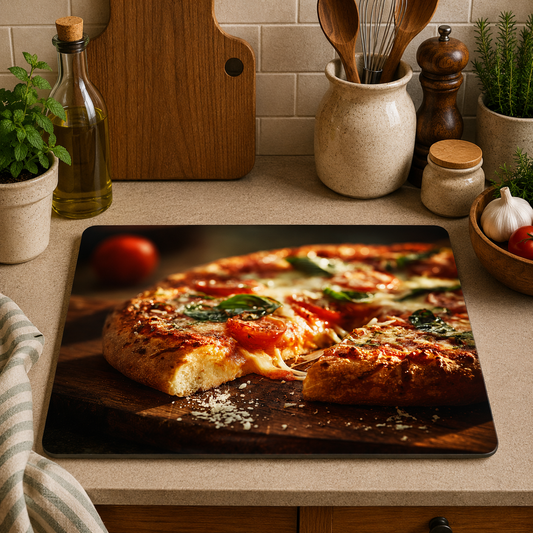 Margherita Pizza toughened glass chopping board measuring 28.5 x 20cm featuring a freshly baked pizza topped with melted mozzarella, tomatoes and basil on a rustic wooden board.