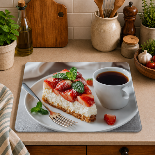 Strawberry Cheesecake toughened glass chopping board measuring 28.5 x 20cm featuring a slice of creamy strawberry cheesecake topped with fresh strawberries and mint, served alongside a cup of black coffee.