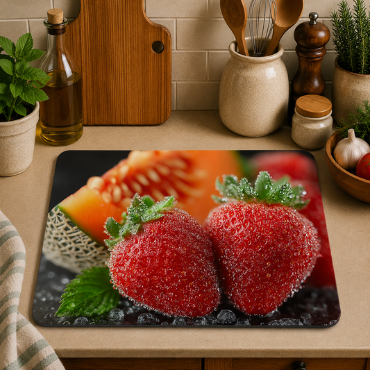 Fresh Strawberry & Melon toughened glass chopping board measuring 28.5 x 20cm featuring juicy strawberries with water droplets and fresh melon slices on a dark background.
