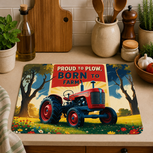 Proud to Plow, Born to Farm toughened glass chopping board measuring 28.5 x 20cm featuring a vintage red tractor in a countryside scene with colourful wildflowers.
