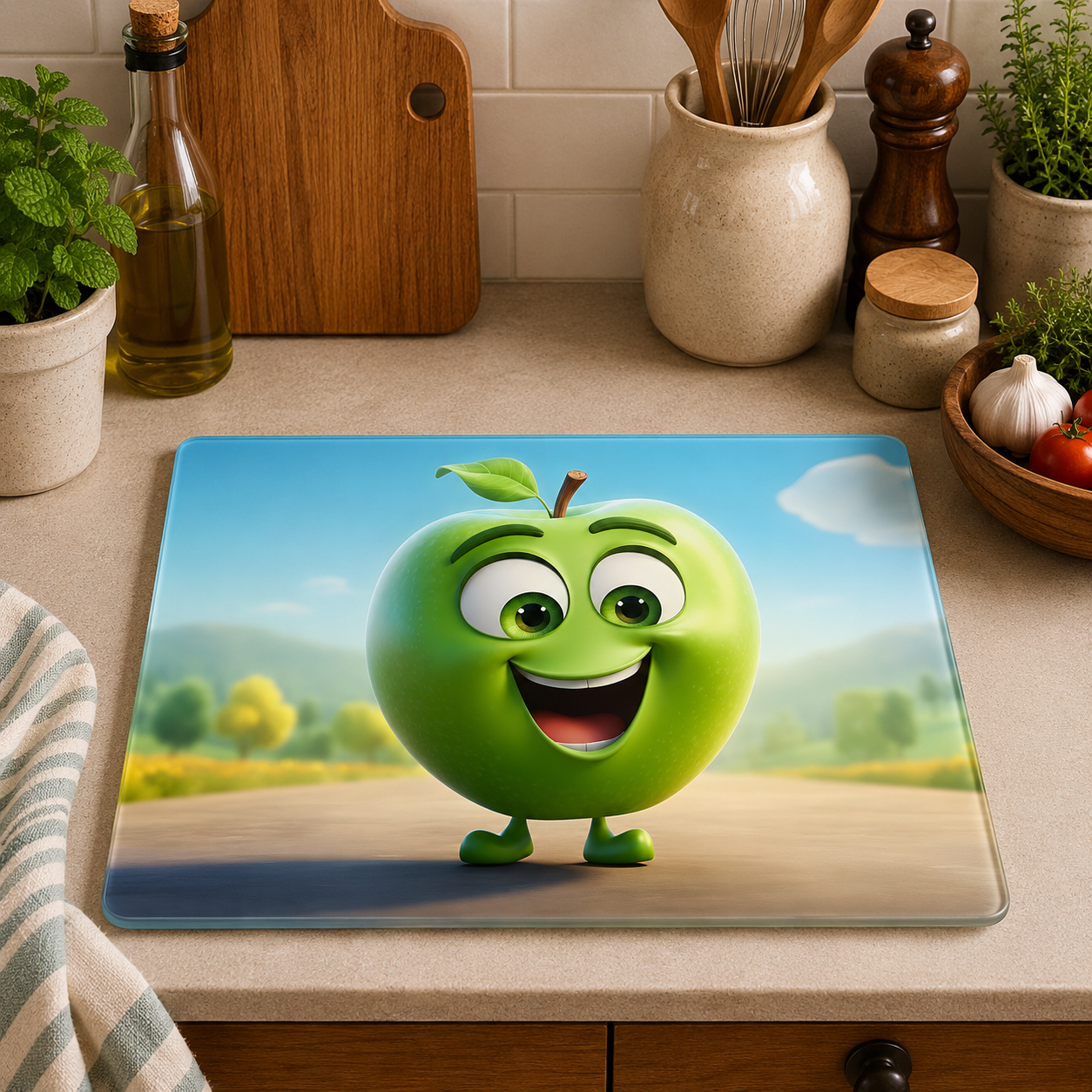Happy Green Apple toughened glass chopping board measuring 28.5 x 20cm featuring a smiling cartoon apple on a bright outdoor background.