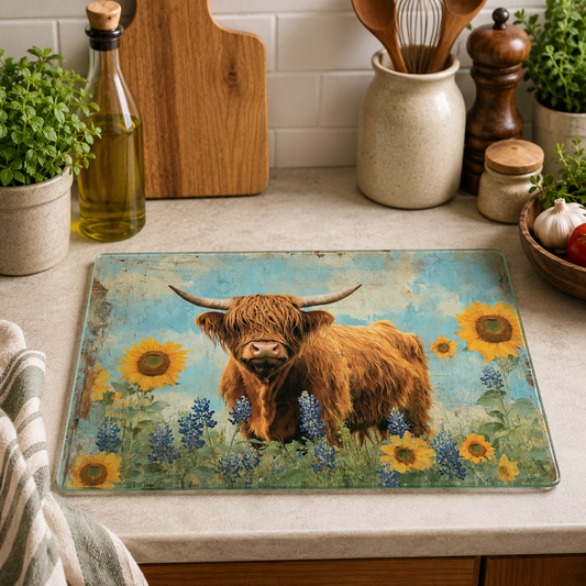 Highland Cow & Sunflowers toughened glass chopping board measuring 28.5 x 20cm featuring a rustic Highland cow standing amongst vibrant sunflowers and wildflowers.