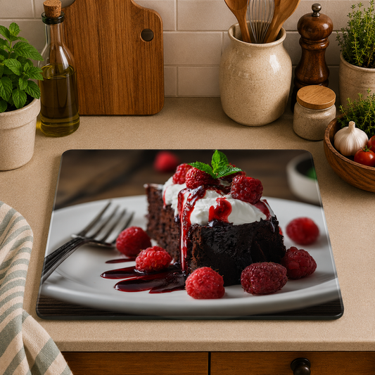 Chocolate Raspberry Cake toughened glass chopping board measuring 28.5 x 20cm featuring a rich chocolate cake topped with whipped cream, fresh raspberries, raspberry sauce, and mint leaves.