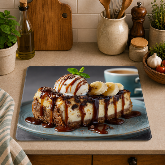 Banoffee Cheesecake toughened glass chopping board measuring 28.5 x 20cm featuring creamy cheesecake topped with banana slices, vanilla ice cream, chocolate drizzle, and mint.