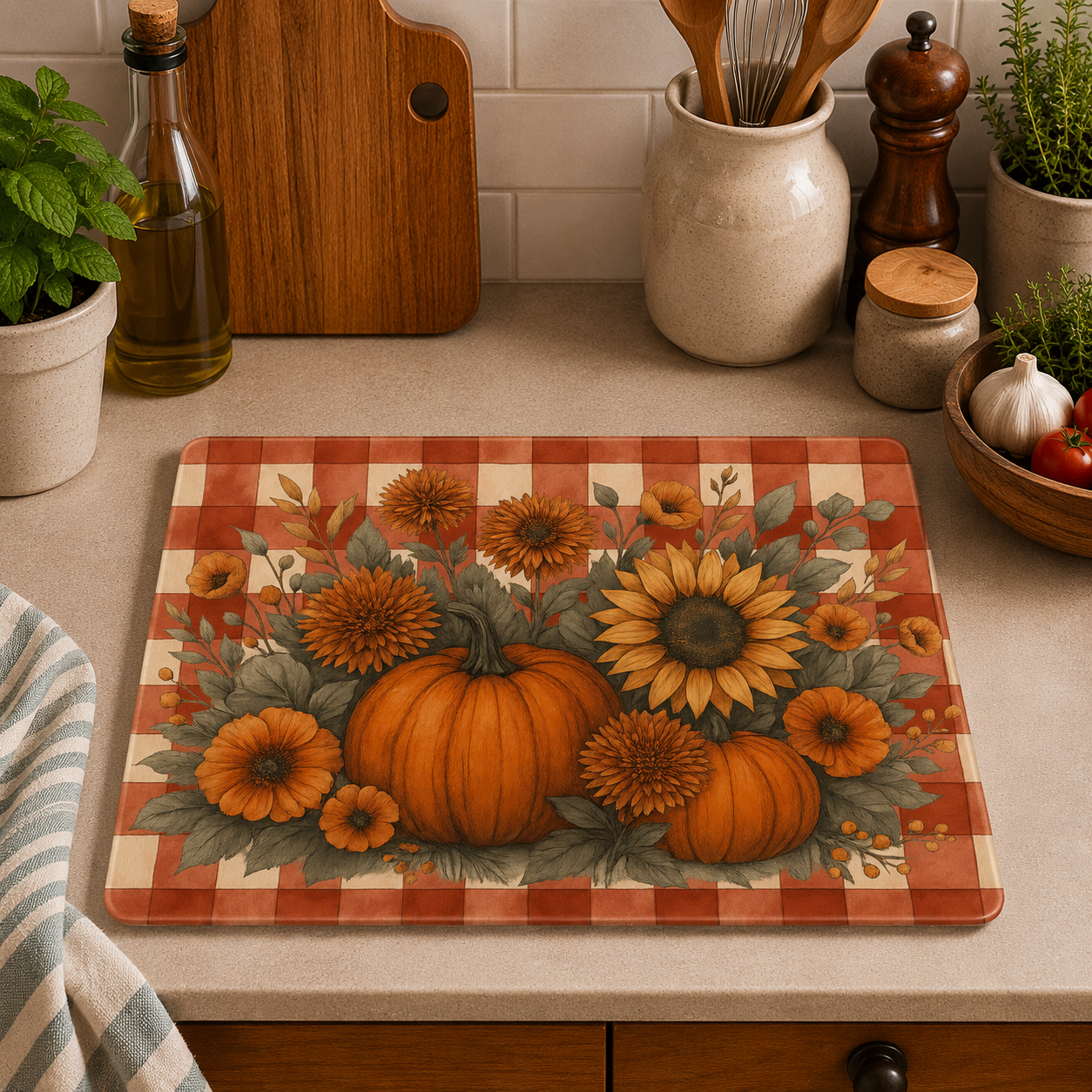 Autumn pumpkin and sunflower toughened glass chopping board measuring 28.5 x 20cm featuring rustic harvest flowers on a red and cream gingham background.