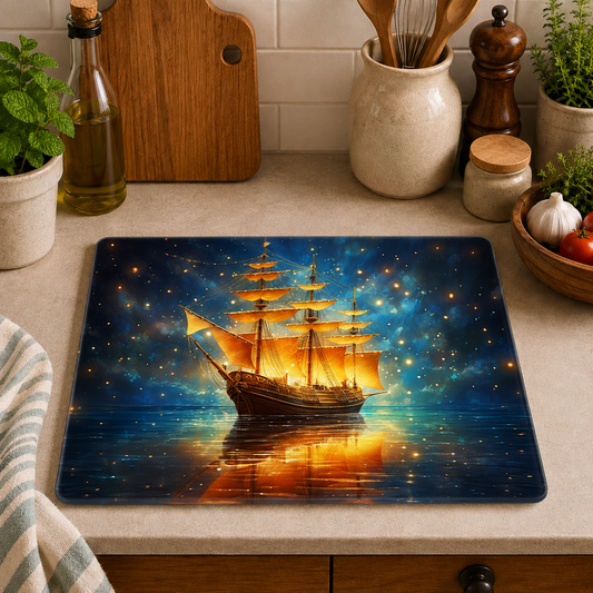 Golden sailing ship toughened glass chopping board measuring 28.5 x 20cm featuring a majestic tall ship with illuminated sails reflected on calm water beneath a star-filled night sky.