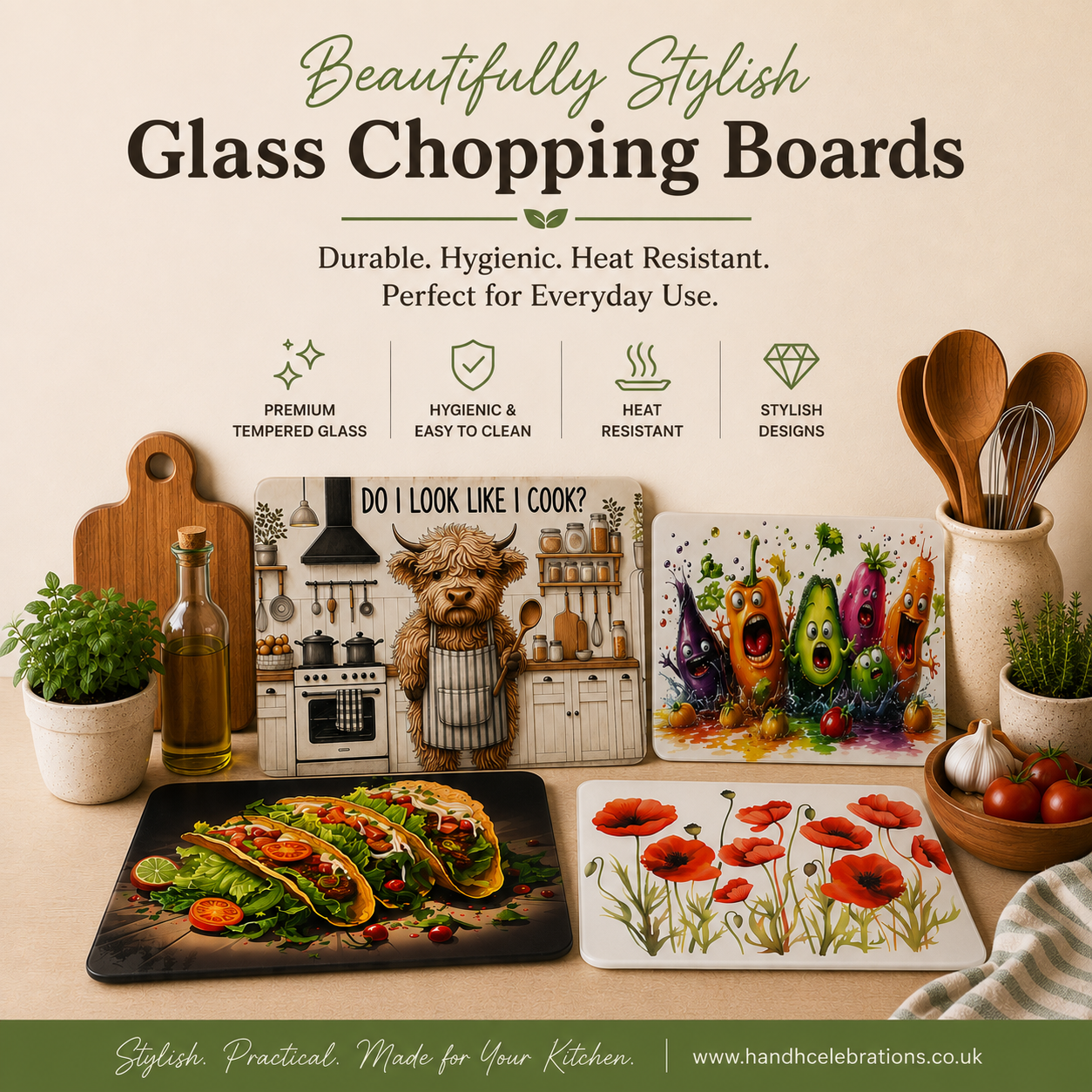 A promotional display for glass chopping boards in a kitchen setting. Multiple square glass boards with printed designs are arranged on a countertop, including a taco scene, red poppies, and a whimsical character kitchen scene.