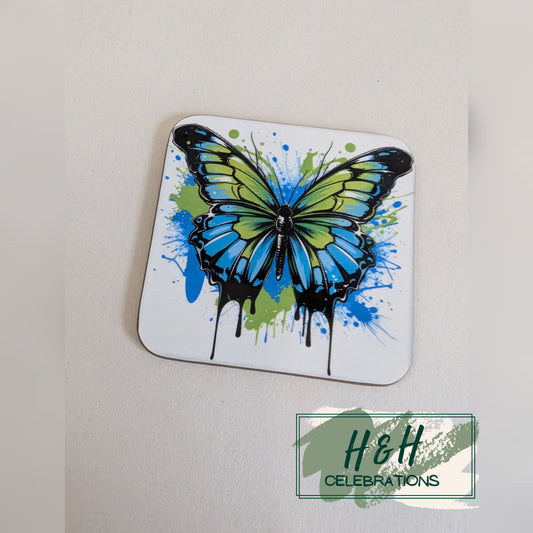 Green And Blue Butterfly MDF Coaster - Design 2