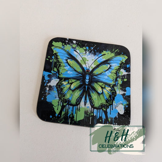 Green And Blue Butterfly MDF Coaster - Design 3