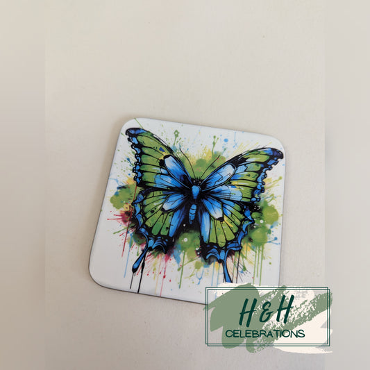 Green And Blue Butterfly MDF Coaster - Design 4