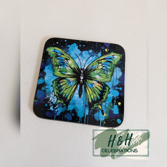 Green And Blue Butterfly MDF Coaster - Design 1