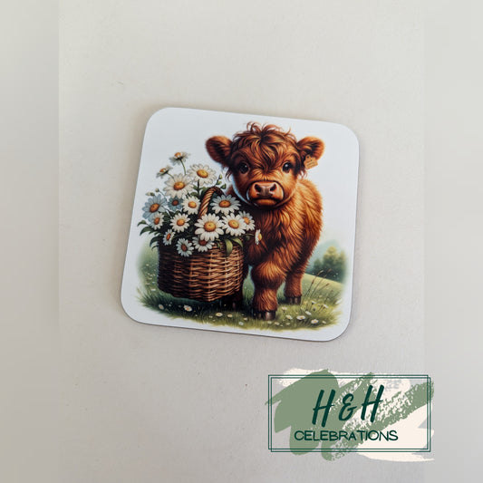 Highland Cow With Flower Basket MDF Coaster