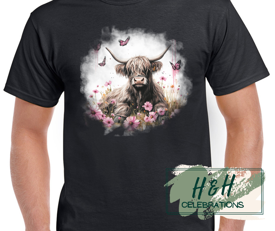 Womens Pink Floral Highland Cow T-Shirt - 15 Colours