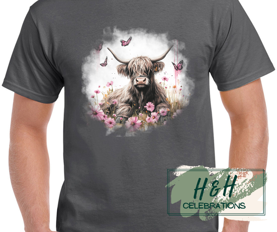 Womens Pink Floral Highland Cow T-Shirt - 15 Colours