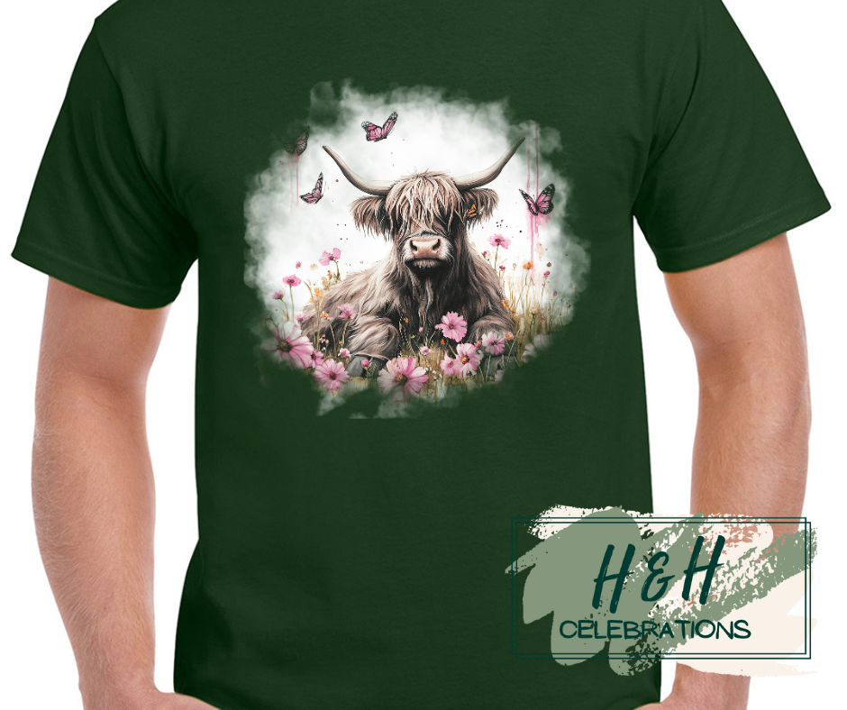 Womens Pink Floral Highland Cow T-Shirt - 15 Colours