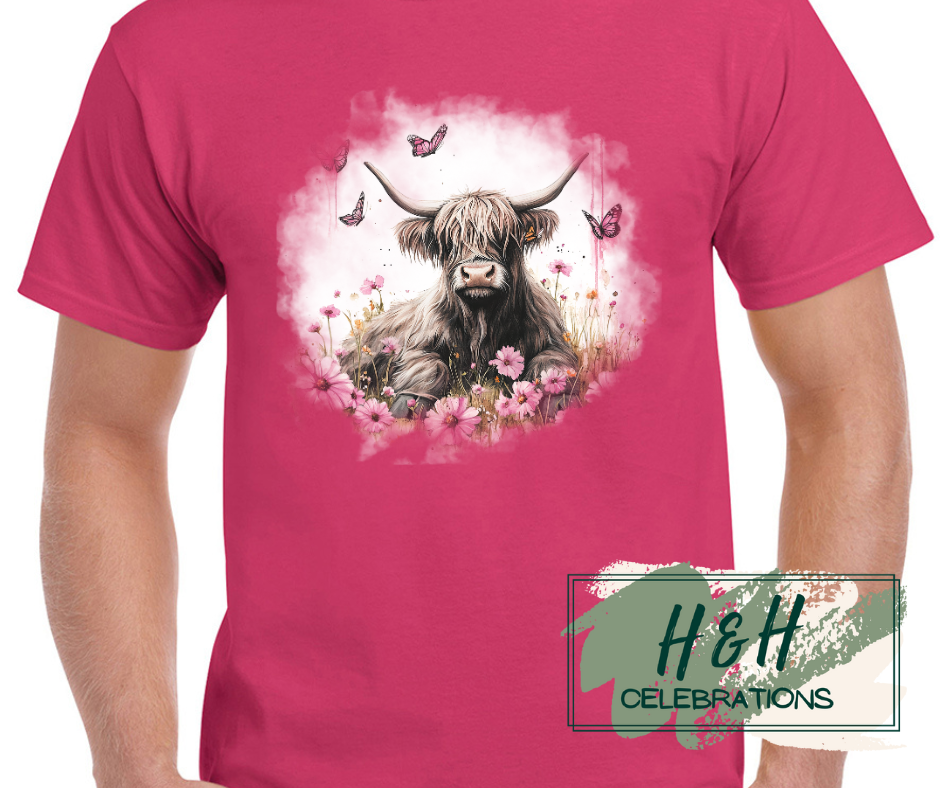Womens Pink Floral Highland Cow T-Shirt - 15 Colours