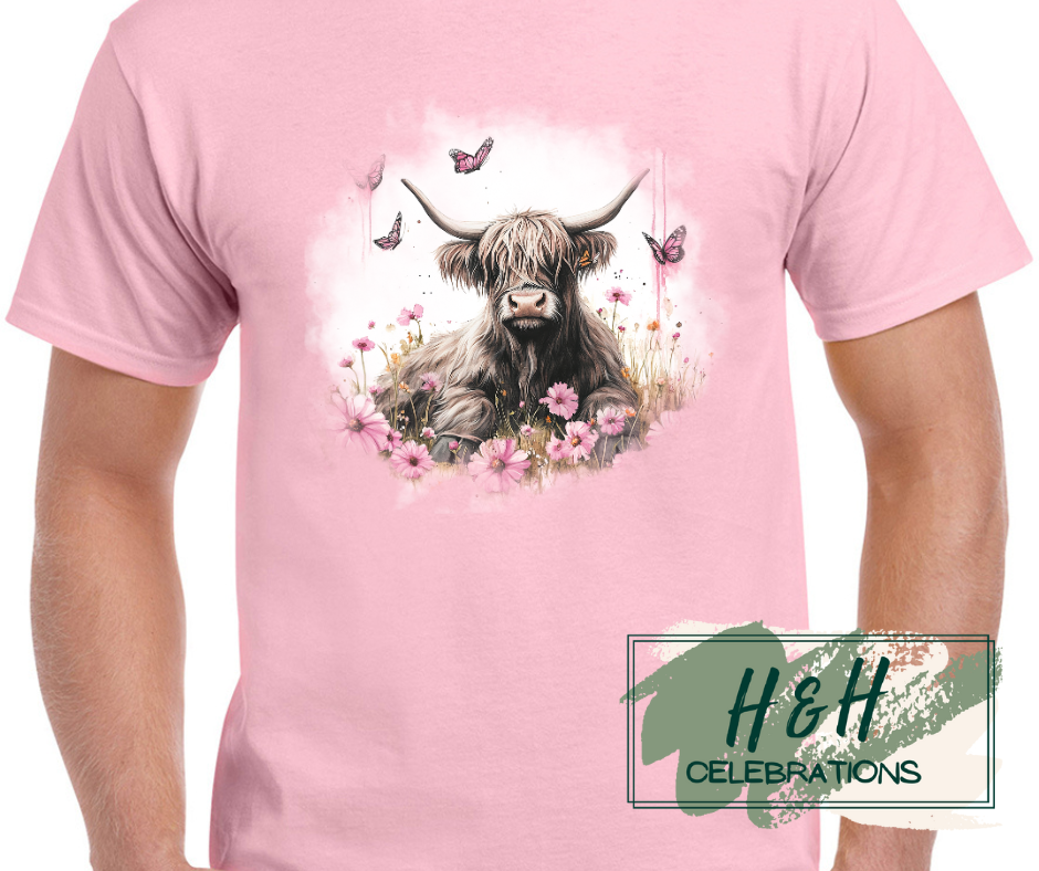 Womens Pink Floral Highland Cow T-Shirt - 15 Colours
