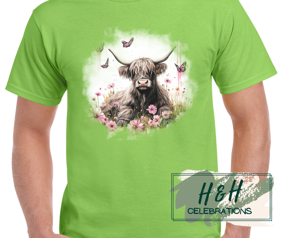 Womens Pink Floral Highland Cow T-Shirt - 15 Colours