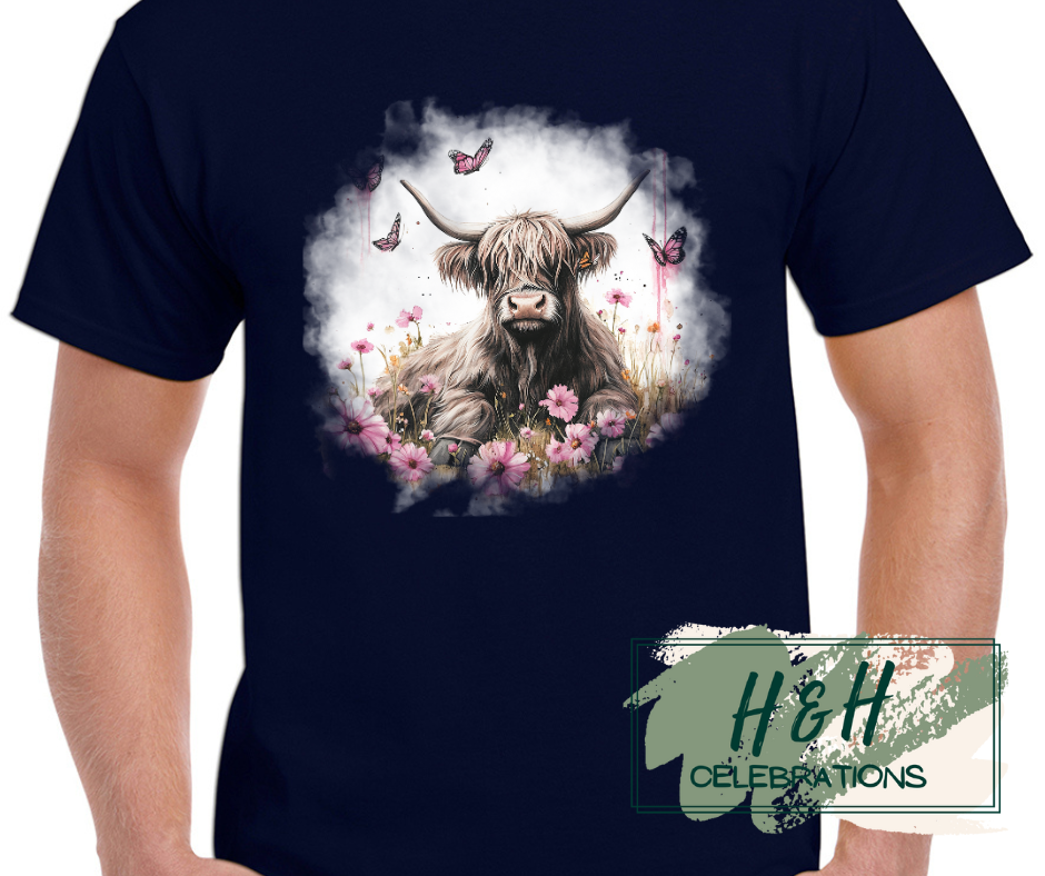 Womens Pink Floral Highland Cow T-Shirt - 15 Colours