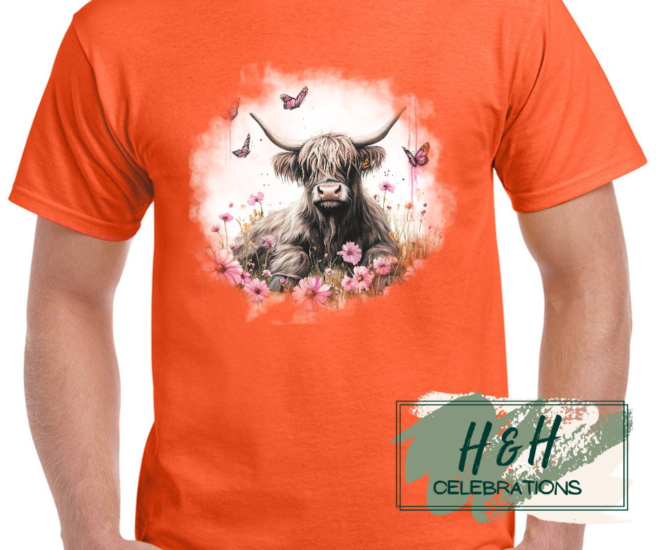 Womens Pink Floral Highland Cow T-Shirt - 15 Colours